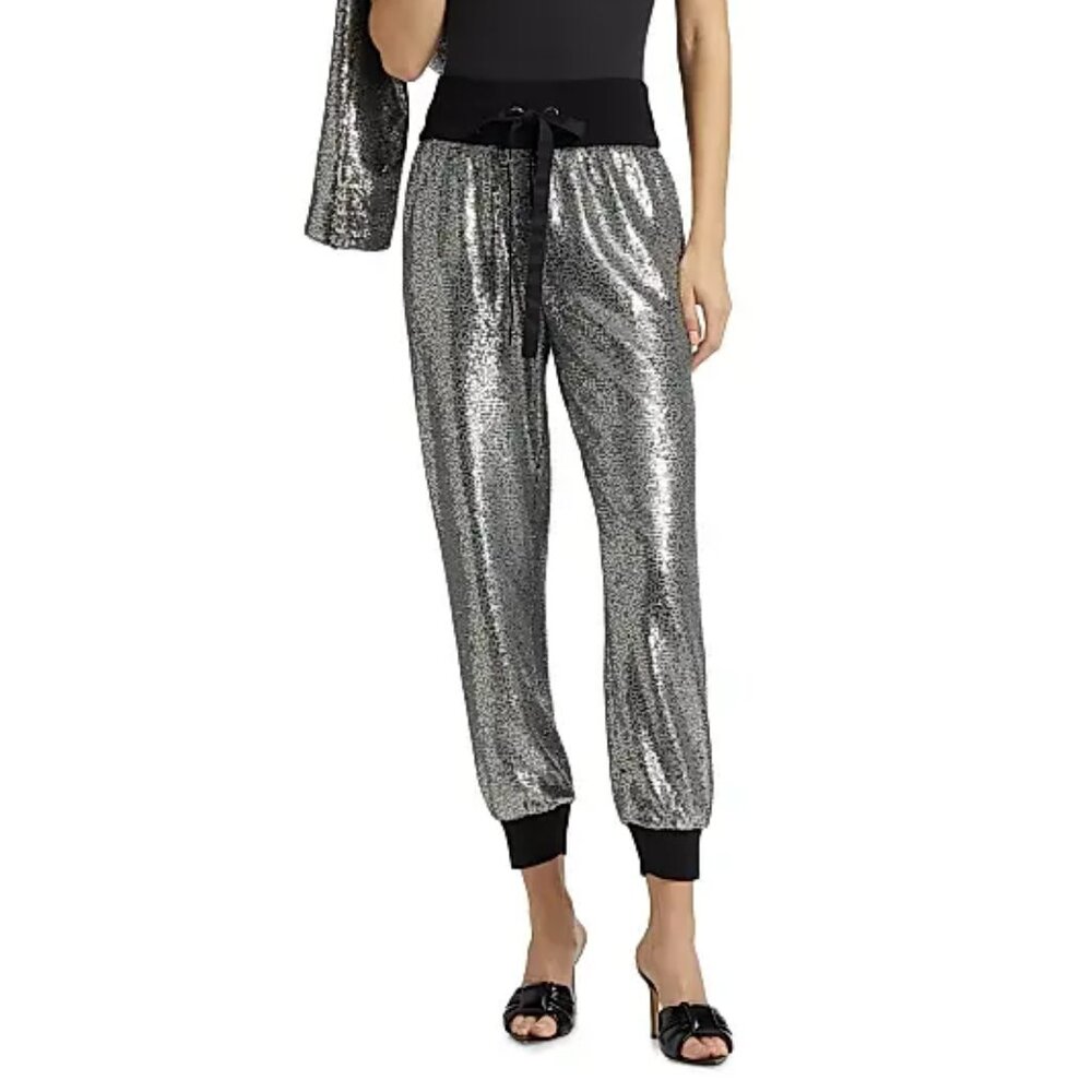 Cinq à Sept Giles Sequin Joggers Banded Drawstring Waist Silver Size XS